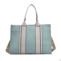 Teal blue canvas tote bag with grey leather handles and woven geometric shoulder strap - Blue / Large