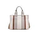 Large cream canvas tote bag with brown leather trim and colorful geometric strap - Brown / Small