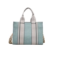 Blue denim canvas tote bag with gray leather straps and ethnic pattern shoulder strap - Blue / Small
