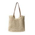 Beige gewebte Tasche mit braunen Ledergriffen und dekorativen Metallnieten - Cremeweiß