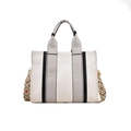 Zelindaier large cream canvas tote bag with gray leather trim and boho woven strap - White and Black / Small