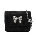 Sac bandoulière en velours noir matelassé avec nœud argenté et chaîne élégante - Grand / Noir