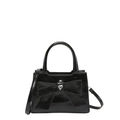 Glossy black patent leather handbag with large bow and heart rhinestone accent - Black