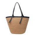 Grand sac cabas en paille avec anses en cuir noir et texture tissée pour la plage et l'été - Kaki