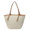 Grand sac cabas en paille tissée beige avec anses en cuir marron pour plage ou loisirs - Blanc Cassé