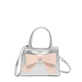 Silver patent leather handbag with pink bow, heart rhinestone and detachable shoulder strap - Silver