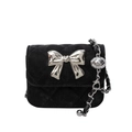 Classic black velvet crossbody bag with quilted pattern and silver bow metal clasp - Small / Black