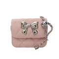 Pink quilted PU leather crossbody bag with silver bow accent and chain strap - Small / Pink