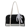 Bolso tote retro de terciopelo negro con fondo floral y correa blanca ajustable - Negro