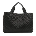 Bolso tote minimalista de cuero PU acolchado negro con asas anchas de tela para mujer - Negro