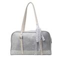 Bolso de mano vintage de cuero PU gris con estampado floral y elegante cinta de encaje - Plateado