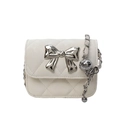 White mini crossbody PU leather bag featuring quilted pattern and silver bow detail - Small / White