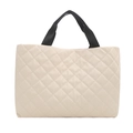 Bolso tote chic de cuero PU acolchado beige con asas negras en contraste para mujer - Blanco