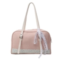 Pink PU leather bowling bag with floral trim and white lace ribbon on handles - Pink