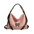 Pink PU leather tote bag with silver butterfly charm and brown contrasting straps - Pink