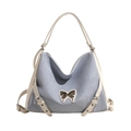 Chic grey-blue PU leather tote bag with cream handles and elegant metal butterfly accent - Blue