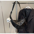 Black crescent dumpling bag with matte texture and cute plush doll charm - Black With Rabbit Pendant
