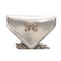 Silver metallic triangular crossbody bag featuring a butterfly buckle and chain strap - Silver
