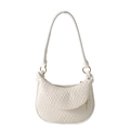 White woven faux leather crescent shoulder bag with elegant golden hardware accents - White