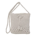 White woven crochet shoulder bag with floral hollow design and drawstring closure - White