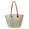 Summer woven straw tote bag with brown leather handles and decorative silk scarf - Off White