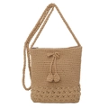 Handmade khaki woven crochet shoulder bag with floral pattern and pom-poms charm - Khaki