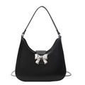 Minimalist black crescent shoulder bag with silver bow buckle and chain strap - Black Large