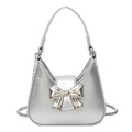Silver bow accent handbag with textured metallic finish and chain strap for women - Silver Small