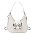 Mini white leather crossbody bag for women with silver metal bow and chain strap - White Small