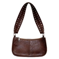 Vintage brown shoulder bag with studded strap and textured faux leather design - Brown