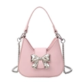 Chic pink mini hobo bag with silver metal bow and delicate chain shoulder strap - Pink Small
