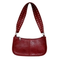 Vintage red shoulder bag with silver studs on wide strap and shiny leather texture - Red