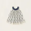 Robe à bretelles fleurie bleu marine et blanc pour fille avec bordure en dentelle - Beige / 80