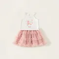 Completo estivo da bambina con gilet bianco a coniglio e gonna a torta in tulle rosa a strati - 80 / Bianco