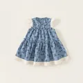 Robe de princesse bleue sans manches pour filles avec motifs nœuds et bordure en dentelle - Bleu / 80
