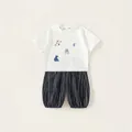 Ensemble d'été pour enfants avec t-shirt motif forêt et pantalon rayé style lanterne - Blanc / 80
