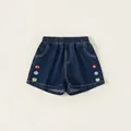 Pantalones cortos vaqueros azul oscuro para niña con bordado de manzanas y elástico - Azul Denim Oscuro / 80