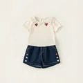 Girls summer set with cream cherry-embroidered ruffle top and dark denim shorts - 80 / Top And Bottom (XY26009A) / Beige