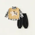 Three-piece boy outfit with yellow knitted vest, plaid shirt, and black jogger pants - 80 / Yellow