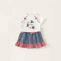 Girls' summer set featuring white rabbit print t-shirt and ruffled denim skirt - T-shirt And Skirt Set
