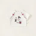 Girls' cream short sleeve t-shirt with bunny print, red wavy trim and bow details - Short Sleeve T-shirt