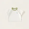 Kids' white short-sleeve T-shirt with green contrast collar and cartoon dog print - 80 / White