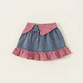 Girls' denim skirt featuring red plaid patchwork and cute cherry buckle decorations - Denim Skirt