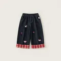 Pantalon en jean bleu foncé pour fille avec broderie mignonne et revers à carreaux rouges - 80cm / Bas / Bleu Denim