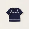 Camiseta azul oscuro de manga corta para niñas con elegantes detalles de encaje blanco en V - 80 / Azul Marino
