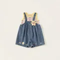 Girls' summer outfit featuring colorful striped vest and denim overalls with bear decor - 80 / Multi-Color Geometric Stripe