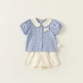 Girl's summer set with blue checkered peter pan collar shirt and beige shorts - 80 / Top And Bottom / Blue