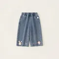 Toddler girl light blue wide leg jeans with cute bunny and mushroom embroidery details - Bottom (CK26031) / Denim Blue / 80