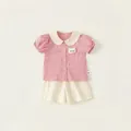 Pink checkered Peter Pan collar blouse and beige shorts two-piece summer set for girls - 73 / Top And Bottom / Pink