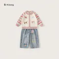 Meisjesset met schattige cartoon borduurwerk trui en bloemen patchwork denim jeans - 130 / Boven- En Onderstuk / Abrikoos